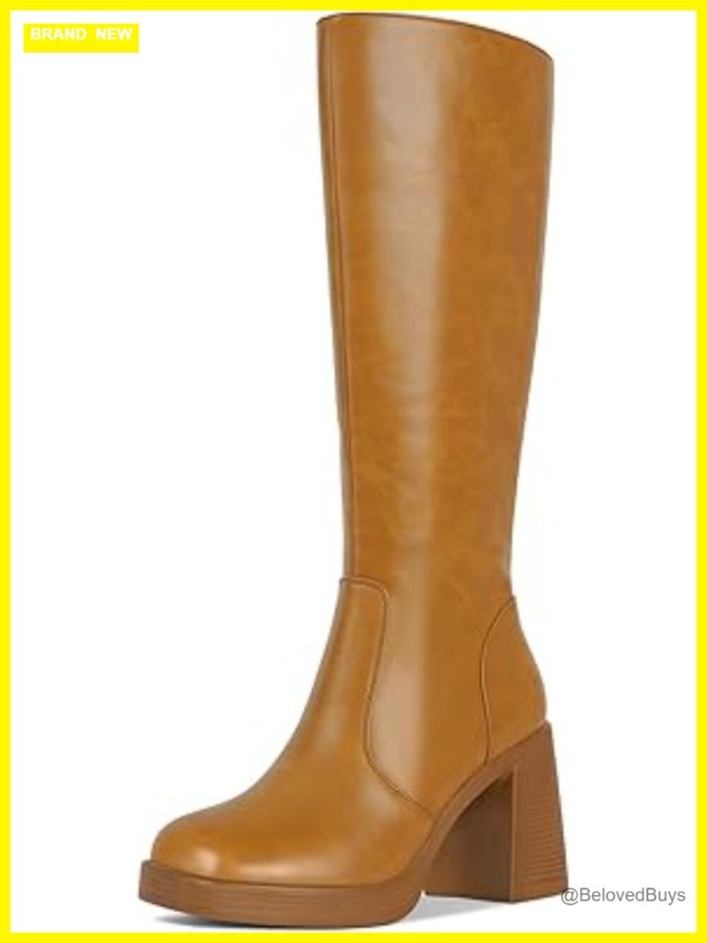Faux Leather Block Heeled Platform Boots Side Zip Square Toe Knee High